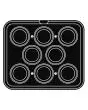 PIASTRA ROUND PER COOKMATIC - MOD. F - IN ALLUMINIO - RIVESTIMENTO ANTIADERENTE - DIMENSIONI cm L 38 x P 33 - ADATTABILE PER COOKMATIC SPECIAL - DIM. SUP. cm ø 9 - DIM. INF. cm ø 6,2 - H cm 2,5 PROFILO FESTONATO - N. 8 IMPRONTE TONDE GRANDI - SPESSORE PAR