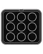 PIASTRA ROUND PER COOKMATIC - MOD. W - IN ALLUMINIO - RIVESTIMENTO ANTIADERENTE - DIMENSIONI cm L 38 x P 33 - ADATTABILE PER COOKMATIC SPECIAL - DIM. SUP. cm ø 8 - DIM. INF. cm ø 7,6 - H cm 2 - PROFILO LISCIO - N. 9 IMPRONTE TONDE - SPESSORE PARETI 3,5 mm