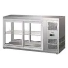ESPOSITORE DA BANCO VETRINA REFRIGERATA SNACK IN ACCIAIO AISI 430 - VETRO DIRITTO E PORTINE SCORREVOLI DA ENTRAMBI I LATI - Mod. G-HAV131 - Temperatura: +2/+8°C - Capacità Lt. 190 - Alimentazione monofase 230V/1/50Hz - Potenza W 180 - Dimensioni cm. L 131