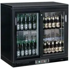 ESPOSITORE REFRIGERATO IN LAMIERA VERNICIATA E ALLUMINIO - PER BIBITE - Mod. G-BC2PS - VENTILATO - CAPACITA' Lt 223 - N. 2 PORTE VETRO SCORREVOLI - TEMPERATURA +2°/+8°C - Dim. cm L 92 x P 53,5 x h 92 - Norma CE