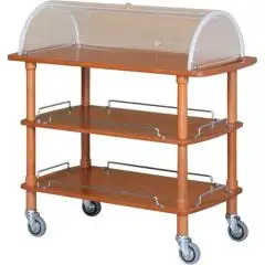 CARRELLO DI SERVIZIO IN LEGNO TRE PIANI CON CUPOLA - MOD. CLC3 - Carrello per dolci, formaggi e antipasti - Con cupola semicircolare in plexiglass con coperchi rientranti - Dim. cm L 110 x P 55 x h 114