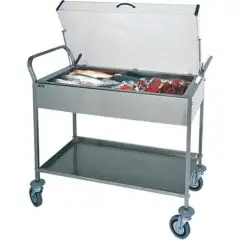 CARRELLO IN ACCIAIO DUE PIANI REFRIGERABILE CON PIASTRE EUTETTICHE - MOD. CA1165 - Adatto per dolci, formaggi, salumi e antipasti - Struttura tubolare in acciaio inox - N° 8 piastre eutettiche - Coperchio in plexiglass - Dim. cm L 108 x P 57 x h 104
