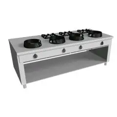 CUCINA EURASIA A GAS 7 FUOCHI  - MOD. PAP07 - Costruita esclusivamente su misura - Vano a giorno - Piano liscio - Potenza a gas a scelta tra kW 3,0/4,5/7,5/9,5/14/21 - Dimensioni: cm L 200 x P 100 x H 85 - Norma CE