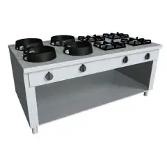 CUCINA EURASIA A GAS 8 FUOCHI CON COMANDI PASSANTI - MOD. PAP082C - Costruita esclusivamente su misura - Vano a giorno - Piano liscio - Potenza a gas a scelta tra kW 3,0/4,5/7,5/9,5/14/21 - Dimensioni: cm L 200 x P 110 x H 85 - Norma CE