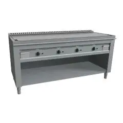 CUCINA TEPPANYAKI A GAS 4 FUOCHI  - MOD. VGP4160L - 4 zone cottura - Costruita esclusivamente su misura - Vano a giorno - Piastra di cottura al cromo duro lucido - Canalina perimetrale - Potenza a gas kW 23,2 (4x5,8 kW) - Dimensioni: cm L 160 x P 72 x H 8