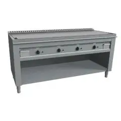 CUCINA TEPPANYAKI A GAS 4 FUOCHI  - MOD. VGP4180L - 4 zone cottura - Costruita esclusivamente su misura - Vano a giorno - Piastra di cottura al cromo duro lucido - Canalina perimetrale - Potenza a gas kW 23,2 (4x5,8 kW) - Dimensioni: cm L 180 x P 72 x H 8