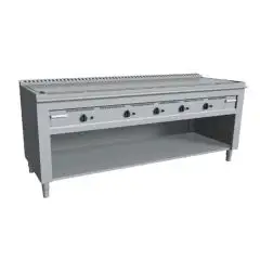 CUCINA TEPPANYAKI A GAS 5 FUOCHI  - MOD. VGP5200L - 5 zone cottura - Costruita esclusivamente su misura - Vano a giorno - Piastra di cottura al cromo duro lucido - Canalina perimetrale - Potenza a gas kW 29,0 (5x5,8 kW) - Dimensioni: cm L 200 x P 72 x H 8