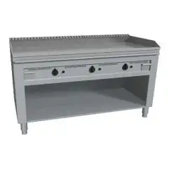 CUCINA TEPPANYAKI A GAS 3 FUOCHI  - MOD. VGO3140L - 3 zone cottura - Costruita esclusivamente su misura - Vano a giorno - Piastra di cottura al cromo duro lucido - Alzatina su 4 lati - Potenza a gas kW 17,4 (3x5,8 kW) - Dimensioni: cm L 140 x P 72 x H 85 