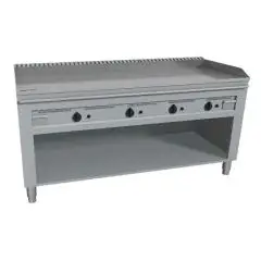 CUCINA TEPPANYAKI A GAS 4 FUOCHI  - MOD. VGO4160L - 4 zone cottura - Costruita esclusivamente su misura - Vano a giorno - Piastra di cottura al cromo duro lucido - Alzatina su 4 lati - Potenza a gas kW 23,2 (4x5,8 kW) - Dimensioni: cm L 160 x P 72 x H 85 