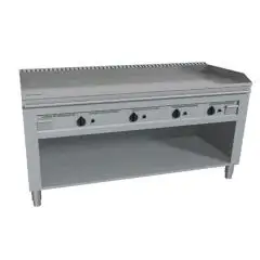 CUCINA TEPPANYAKI A GAS 4 FUOCHI  - MOD. VGO4180L - 4 zone cottura - Costruita esclusivamente su misura - Vano a giorno - Piastra di cottura al cromo duro lucido - Alzatina su 4 lati - Potenza a gas kW 23,2 (4x5,8 kW) - Dimensioni: cm L 180 x P 72 x H 85 