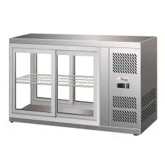 ESPOSITORE DA BANCO VETRINA REFRIGERATA SNACK IN ACCIAIO INOX AISI 430 - VETRO DIRITTO E PORTINE SCORREVOLI DA ENTRAMBI I LATI - Mod. G-HAV91 - Temperatura: +2/+8°C - Capacità Lt. 110 - Alimentazione monofase 230V/1/50Hz - Potenza W 180 - Dimensioni cm. L