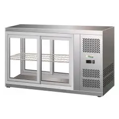 ESPOSITORE DA BANCO VETRINA REFRIGERATA SNACK IN ACCIAIO INOX AISI 430 - VETRO DIRITTO E PORTINE SCORREVOLI DA ENTRAMBI I LATI - Mod. G-HAV111 - Temperatura: +2/+8°C - Capacità Lt. 150 - Alimentazione monofase 230V/1/50Hz - Potenza W 180 - Dimensioni cm. 
