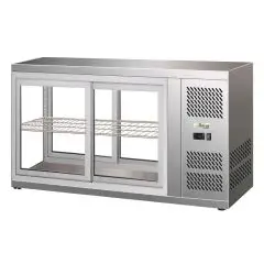 ESPOSITORE DA BANCO VETRINA REFRIGERATA SNACK IN ACCIAIO AISI 430 - VETRO DIRITTO E PORTINE SCORREVOLI DA ENTRAMBI I LATI - Mod. G-HAV131 - Temperatura: +2/+8°C - Capacità Lt. 190 - Alimentazione monofase 230V/1/50Hz - Potenza W 180 - Dimensioni cm. L 131
