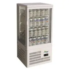 ESPOSITORE DA BANCO VETRINA REFRIGERATA PER BIBITE - VETRO SU 4 LATI - Mod. G-TCBD68 - Temperatura +2º/+8ºC - Capacità Lt. 68 - Alimentazione monofase 230V/1/50Hz - Potenza W 160 - Dimensioni cm L 42,8 x P 38,6 x h 92,4 - Peso Kg 33