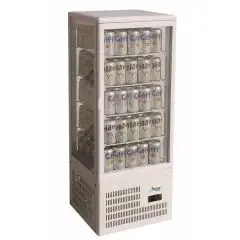 ESPOSITORE DA BANCO VETRINA REFRIGERATA PER BIBITE - VETRO SU 4 LATI - Mod. G-TCBD98 - Temperatura +2º/+8ºC - Capacità Lt. 98 - Alimentazione monofase 230V/1/50Hz - Potenza W 170 - Dimensioni cm L 42,8 x P 38,6 x h 115 - Peso Kg 38