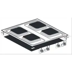 PIANO DI COTTURA ELETTRICO DA INCASSO CON PIASTRE QUADRE - MOD. PCQD-88ET - N. 4 piastre quadre - Alimentazione trifase 400V/3N - Potenza Kw 16 - Dimensioni: cm. L 80 x P 80 x H 5 - Norma CE