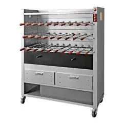 GIRARROSTO A BRACE - MOD. CHURRASCO/CM20C - Motoriduttori indipendenti per ogni asta - N. 20 Spade - N° piani: 3 - Potenza: 80 W - Allaccio MONOFASE  - Dimensioni: cm L 132 x P 56,5 x 162 h - Norma CE