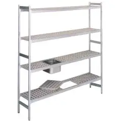 SCAFFALE IN ALLUMINIO ANODIZZATO - ELEMENTO BASE - MOD. RF - N. 4 RIPIANI - POSSIBILITA' DI INSERIRE VASCHETTE GN da 1/2, 1/1, 2/1 E 2/3 - SCAFFALI PROGETTATI PER SOPPORTARE UN ALTO CARICO CON IL MINIMO DI FLESSIONE - DISPONIBILI IN 3 ALTEZZE: cm 150 / 17