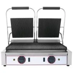 PIASTRA ELETTRICA IN GHISA - Mod. R 2 - Piastra doppia rigata - Piano cottura cm 48x24 - Potenza kW 1,8 (x2) - Alimentazione monofase - Dimensioni cm L 56,5 x P 31 x 22h - Norma CE