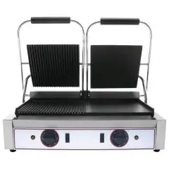 PIASTRA ELETTRICA IN GHISA - Mod. R2L 2 - Piastra doppia 1/2 liscia e 1/2 rigata - Piano cottura cm 48x24 - Potenza kW 1,8 (x2) - Alimentazione monofase - Dimensioni cm L 56,5 x P 31 x 22h - Norma CE