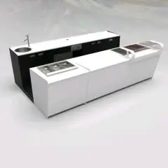 BANCO BAR E RETROBANCO CON ESPOSITORE GELATO PANORAMA - MOD. START UP L1000PANORAMA+L2500/SX H951 BC - CON VASCA REFRIGERATA PER L'ESPOSIZIONE DI FOOD & BEVERAGE A SINISTRA - BANCALINA IN VETRO TRASPARENTE DI PROTEZIONE PER VASCA REFRIGERATA - N. 3 CELLE 