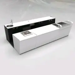 BANCO BAR E RETROBANCO CON ESPOSITORE GELATO PANORAMA - MOD. START UP L1000PANORAMA+L3000/SX H951 BC - CON VASCA REFRIGERATA PER L'ESPOSIZIONE DI FOOD & BEVERAGE A SINISTRA - BANCALINA IN VETRO TRASPARENTE DI PROTEZIONE PER VASCA REFRIGERATA - N. 3 CELLE 