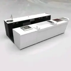BANCO BAR E RETROBANCO CON ESPOSITORE GELATO PANORAMA - MOD. START UP L1000PANORAMA+L2500/SX H1150 - CON VASCA REFRIGERATA PER L'ESPOSIZIONE DI FOOD & BEVERAGE A SINISTRA - N. 1 BANCALINA IN VETRO TRASPARENTE DI PROTEZIONE PER VASCA REFRIGERATA - N. 1 BAN