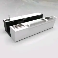 BANCO BAR E RETROBANCO CON ESPOSITORE GELATO PANORAMA - MOD. START UP L1000PANORAMA+L3000/SX H1150 - CON VASCA REFRIGERATA PER L'ESPOSIZIONE DI FOOD & BEVERAGE A SINISTRA - N. 1 BANCALINA IN VETRO TRASPARENTE DI PROTEZIONE PER VASCA REFRIGERATA - N. 1 BAN