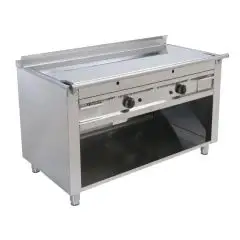 CUCINA TEPPANYAKI A GAS 2 FUOCHI  - MOD. VGP2100L - 2 zone cottura - Costruita esclusivamente su misura - Vano a giorno - Piastra di cottura al cromo duro lucido - Canalina perimetrale - Potenza a gas kW 11,6 (2x5,8 kW) - Dimensioni: cm L 100 x P 72 x H 8
