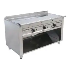 CUCINA TEPPANYAKI A GAS 3 FUOCHI  - MOD. VGP3140L - 3 zone cottura - Costruita esclusivamente su misura - Vano a giorno - Piastra di cottura al cromo duro lucido - Canalina perimetrale - Potenza a gas kW 17,4 (3x5,8 kW) - Dimensioni: cm L 140 x P 72 x H 8