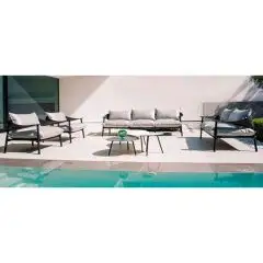 SALOTTO DA INTERNO ED ESTERNO - MOD. TERRAMARE - STRUTTURA IN ALLUMINIO VERNICIATO - BRACCIOLI IN ECO/CUOIO - CUSCINI NON INCLUSI - PIANO TAVOLI IN ALLUMINIO VERNICIATO O GRES PORCELLANATO - POSSIBILITA' DI EFFETTUARE VARIE COMPOSIZIONI - NORMA CE