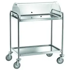 CARRELLO DI SERVIZIO DUE PIANI - MOD. CA139C - Per dolci e antipasti - Struttura tubolare Ø 25 mm in acciaio inox - Piani stampati in acciaio inox, insonorizzati con finitura satinata - Cupola in plexiglass