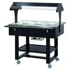 CARRELLO CALDO BAGNOMARIA - MOD. CL2774 - Struttura in legno multistrato di betulla - Temperatura +30°/+90°C - Cupola in plexiglass - Capacità N° 3  GN 1/1 H 15 cm - Alimentazione 230V/1/50Hz - Dim. cm L 111 x P 112 x h 141