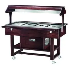 CARRELLO REFRIGERATO - MOD. ELR2825BT - Struttura in legno multistrato di betulla - Refrigerazione statica - Temperatura -5°/+5°C (con coperchi posizionati) - Cupola in plexiglass - Capacità N° 4 GN 1/1 h15 cm - Alimentazione 230V/1/50Hz - Dim. cm L 148 x