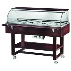 CARRELLO REFRIGERATO - MOD. ELR2826BT - Struttura in legno multistrato di betulla - Refrigerazione statica - Temperatura -5°/+5°C (con coperchi posizionati) - Cupola in plexiglass - Capacità N° 4 GN 1/1 h15 cm - Alimentazione 230V/1/50Hz - Dim. cm L 148 x