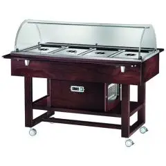 CARRELLO REFRIGERATO - MOD. ELR2827BT - Struttura in legno multistrato di betulla - Refrigerazione statica - Temperatura -5°/+5°C (con coperchi posizionati) - Cupola in plexiglass - Capacità N° 4 GN 1/1 h15 cm - Alimentazione 230V/1/50Hz - Dim. cm L 148 x