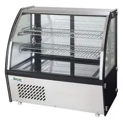ESPOSITORE DA BANCO VETRINA REFRIGERATA SNACK IN ACCIAIO INOX AISI 430 - VETRO CURVO - Mod. G-VPR120 - Temperatura +2°/+8°C - Capacità Lt. 120 - Alimentazione monofase 230V/1/50Hz - Potenza W 160 - Dimensioni cm L 69,5 x P 58 x h 67 - Peso Kg 70