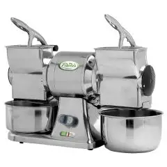GRATTUGIA - MOD. GRAGD3 - GRATTUGIA DOPPIA - ALIMENTAZIONE V 230/400/50Hz TRIFASE - POTENZA Kw 0,75 (1,0 Hp) - PRODUZIONE ORARIA Kg 70 x2 - DIM. cm L 22 X P 54 X h 38 - NORMA CE