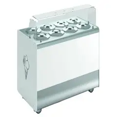 Conservatore per gelato mantecato a pozzetto - Mod JOY 8 - Capacità 8 + 8 carapine - Temperatura -15°- Ventilato - Copertura trasparente inclusa - Dimensioni cm L 107,6 x P 60,4 x h 100,5/131