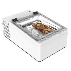 ESPOSITORE DA BANCO REFRIGERATO - MOD. CREAM 2V W - RISPARMIO ENERGETICO -10% - CAPACITA' LT. 28 - REFRIGERAZIONE STATICA - TEMPERATURA -10°/-22° - Dim. Cm. L 49 x P 79 x h 34,5 - Norma CE