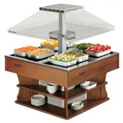 ISOLA BUFFET ESPOSITIVA CALDA - MOD. LAGO8HOT - STRUTTURA IN LEGNO - ALIMENTAZIONE TRIFASE V 400/3/50 Hz - Temp. °C +30/+90 - POTENZA TOTALE W 3600 - DIMENSIONE cm L 140 x P 140 x h 171 - PESO Kg 112