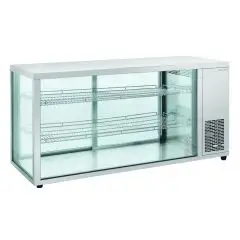 Espositore da banco vetrina refrigerata - Mod RC 980 - Temperatura 0º/+12ºC - 2 ripiani - Porte scorrevoli posteriori - Dimensioni cm L 144 x P 52,4 x h 73,5
