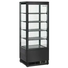 ESPOSITORE VETRINA REFRIGERATA VERTICALE NERO PER BIBITE - Mod. RC98B - Temperatura +2°/+12°C - Capacità lt. 98 - Alimentazione monofase V230/1 - Potenza W 180 - Dimensioni cm L 42,8 x P 38,6 x h 111 - Peso Kg. 38