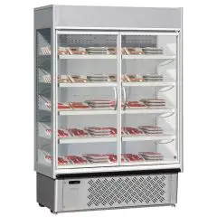 ESPOSITORE MURALE PER SALUMI E LATTICINI - MOD. SUPER SUNNY 10 GLASS HD G - PORTE BATTENTI - CAPACITA' LT. 685 - TEMPERATURA 0°/+10°C - VENTILATO - DIMENSIONI cm. L 98,5 x P 73,7 x h 198,7 - Norma CE