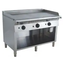 CUCINA TEPPANYAKI A GAS 3 FUOCHI - MOD. UF1600 - 3 zone cottura - Vano a giorno - Piastra di cottura liscia cromata - Alzatina su 3 lati - Potenza a gas kW 17,6 - Dimensioni: cm L 163 x P 75 x H 85/90 - Norma CE
