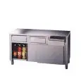 Tavolo armadiato inox con ante scorrevoli - cassetti sotto top - piano spessore cm 4