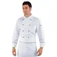 GIACCA CUOCO PECHINO - MOD. 057451 - 100% COTONE - BOTTONI ROTONDI NERI - SOFFIETTI LATERALI - RETE D'AREAZIONE ASCELLARE - TASCA SUL PETTO E SUL BRACCIO - COLORE BIANCO CON BORDI NERI SULLE MANICHE E COLLETTO