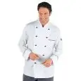 GIACCA CUOCO PRESTIGE - MOD. 059000 - 100% COTONE - STILE DOPPIOPETTO - BOTTONI ROTONDI NERI - TASCA SUL PETTO E SUL BRACCIO - COLORE BIANCO CON STRISCIE TRICOLI APPLICATE SUL TASCHINO, SUI POLSI E SUL COLLETTO