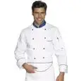 GIACCA CUOCO EUROCHEF - MOD. 057099 - 100% COTONE - STILE DOPPIOPETTO - BOTTONI ROTONDI BLU - TASCA SUL PETTO E SUL BRACCIO - COLORE BIANCO CON STRISCIE BLU APPLICATE SUL TASCHINO E SUI POLSI - COLLETTO COLORE BLU CON LOGO DELL'EUROPA RICAMATO