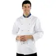 GIACCA CUOCO EUROITALY - MOD. 057199 - 100% COTONE - STILE DOPPIOPETTO - BOTTONI ROTONDI ORO - TASCA SUL PETTO E SUL BRACCIO - COLORE BIANCO CON COLLETTO COLORE BLU CON LOGO DELL'EUROPA RICAMATO - CONTORNO COLLETTO CON COLORE DELLA BANDIERA ITALIANA